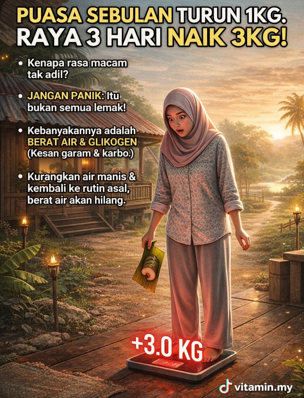 puasa sebulan turun 1kg , raya 3 hari naik 3kg